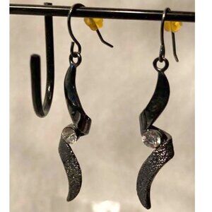 HEMATITE AND WHITE ZIRCON SWIRL HANGER EARRINGS